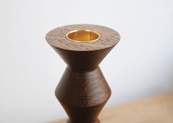 Fumed Oak Wooden Candlestick handcrafted by Selwyn House. These candlesticks would suit a relaxed, vintage table just as well as a contemporary mantle.