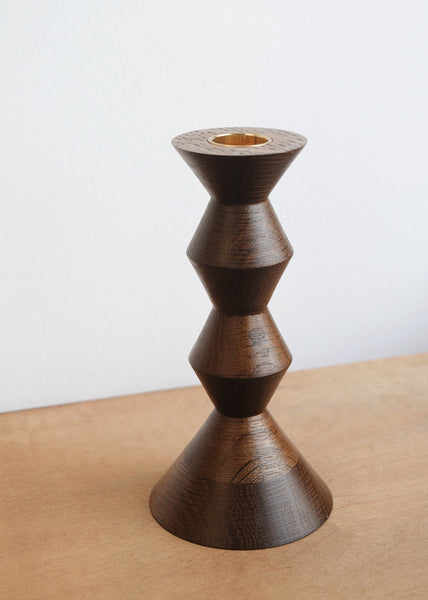 Fumed Oak Wooden Candlestick handcrafted by Selwyn House. These candlesticks would suit a relaxed, vintage table just as well as a contemporary mantle.