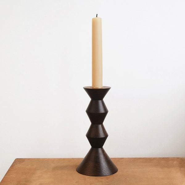 Fumed Oak Wooden Candlestick handcrafted by Selwyn House. These candlesticks would suit a relaxed, vintage table just as well as a contemporary mantle.